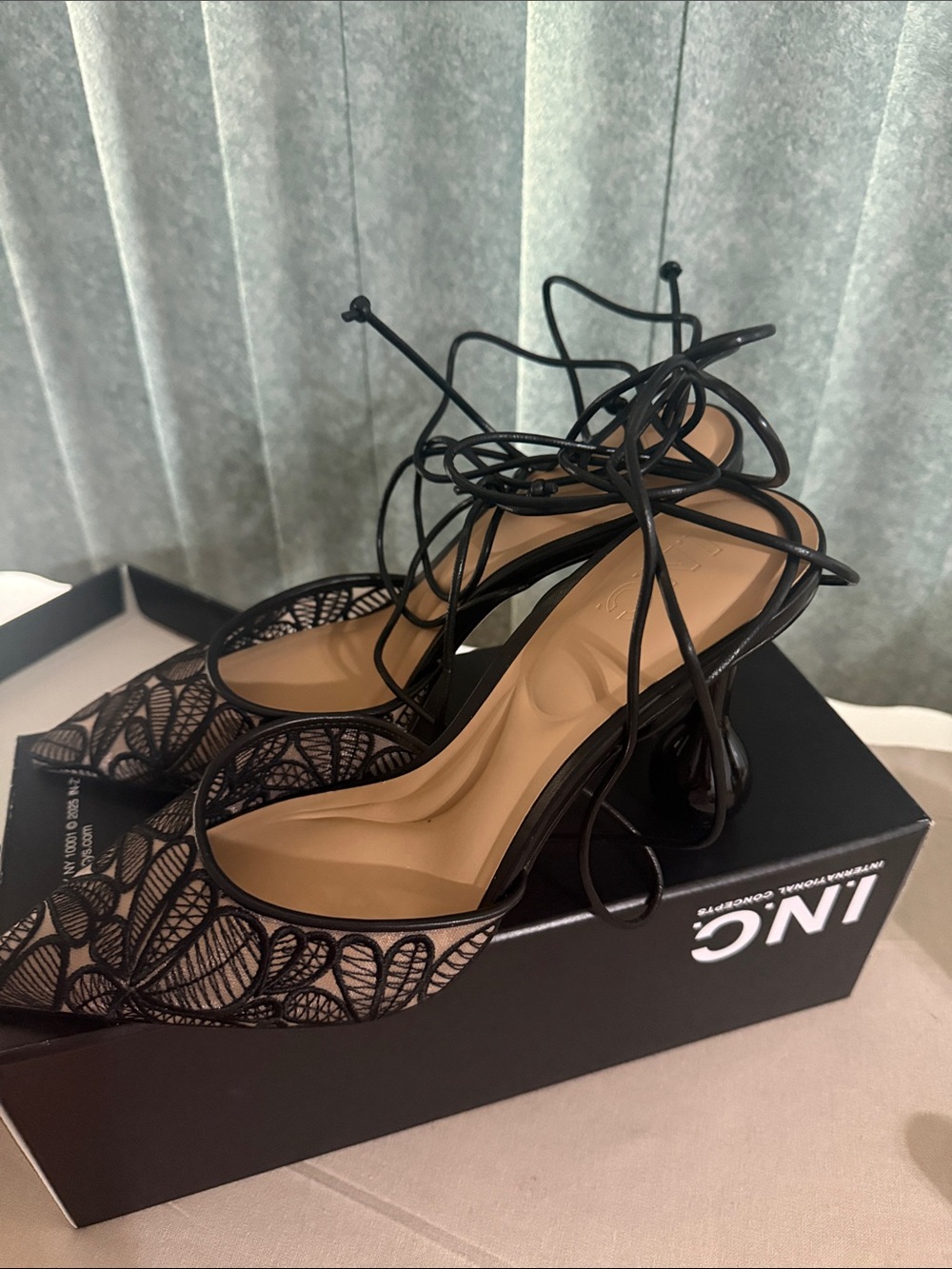 INC International Concepts Black Lace Pointed-Toe Lace-Up Heels with Tan Insole